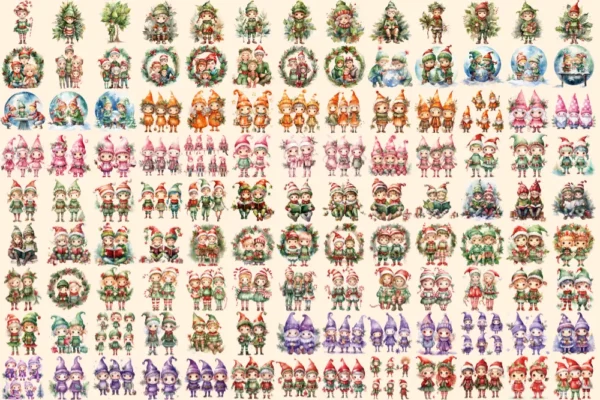 Christmas Elves Watercolor Clipart Bundle - 791+ transparent PNG, Cozy festive magic png, Holiday elf art, Commercial use, Digital download