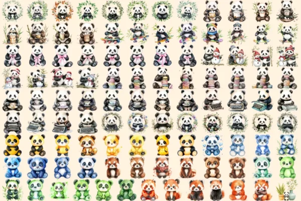 Pandas Watercolor Clipart Bundle - 760+ transparent PNG, Charming panda graphics, Bamboo-loving bear png, Commercial use, Digital download
