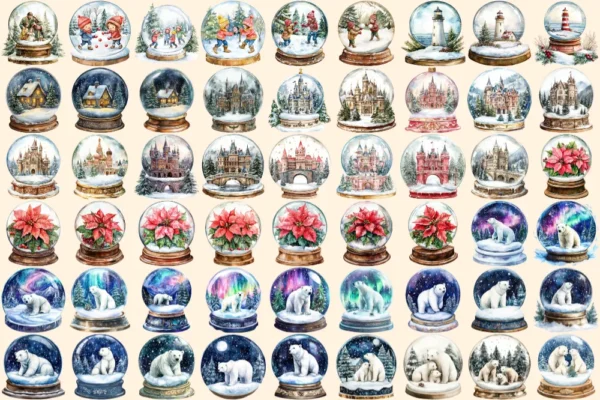 Christmas Snow Globes Watercolor Clipart Bundle - 348+ transparent PNG, Holiday cheer graphics, Cozy winter, Commercial use,Digital download