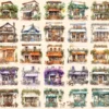 Cafes Watercolor Clipart Bundle - 220+ transparent PNG, Charming coffee shop graphics, Delightful bistro art,Commercial use,Digital download