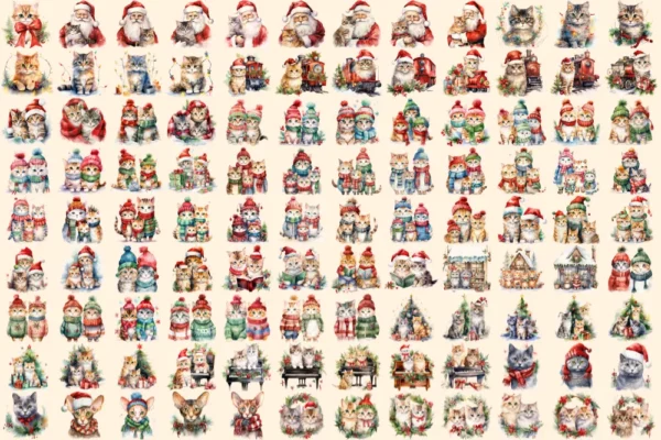 Christmas Cats Watercolor Clipart Bundle - 721+ transparent PNG, Holiday cat images, Cozy festive kitty png, Commercial use,Digital download