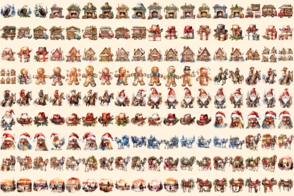 Western Christmas Watercolor Clipart Bundle - 1140+ transparent PNG, Festive western graphics, Cowboy png, Commercial use, Digital download