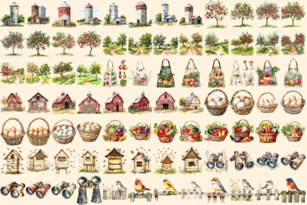 On the Farm Watercolor Clipart Bundle - 570+ transparent PNG, Rustic farmyard scenes png, Agricultural art, Commercial use, Digital download