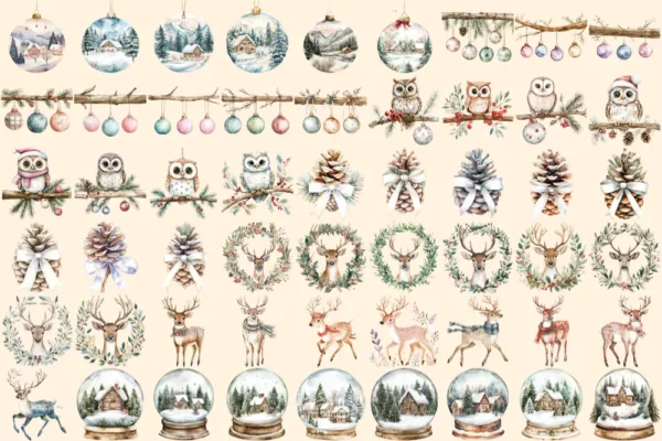 Rustic Christmas Watercolor Clipart Bundle - 348+ transparent PNG, Warm holiday scenes, Rustic x-mas images, Commercial use,Digital download
