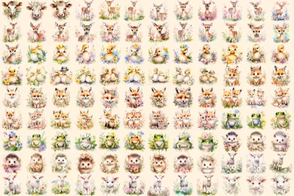 Spring Floral Animals Watercolor Clipart Bundle - 723+ transparent PNG, Spring pets graphics, Floral images, Commercial use,Digital download
