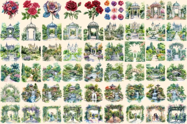 Royal Garden Watercolor Clipart Bundle - 358+ transparent PNG, Royal botanical graphics, Elegant garden png, Commercial use,Digital download