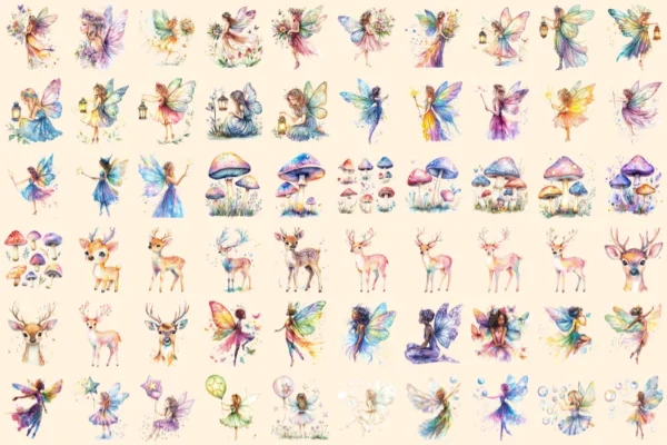 Magical Fairies Watercolor Clipart Bundle - 403+ transparent PNG, Fairy magic graphics, Enchanting images, Commercial use, Digital download