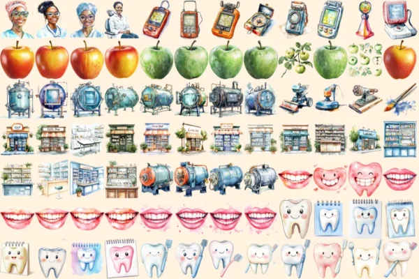 Dentistry Watercolor Clipart Bundle - 547+ transparent PNG, Dental equipment graphics, Oral health images, Commercial use, Digital download