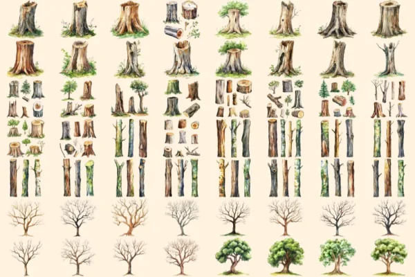 Tree Trunks Watercolor Clipart Bundle - 385+ transparent PNG, Wooden nature illustration, Eco forest art, Commercial use, Digital download