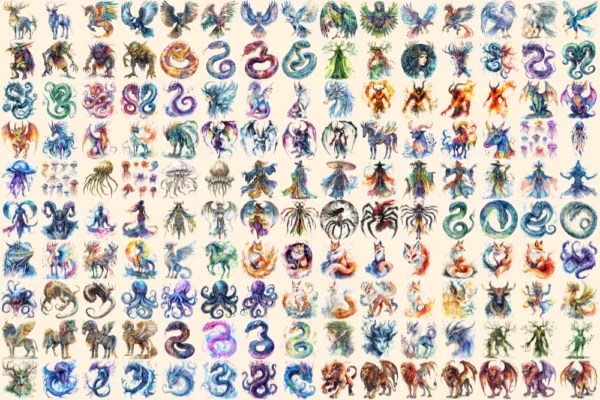 Mystical Creatures Watercolor Clipart Bundle - 1037+ transparent PNG, Mythical creatures png, Magical art, Commercial use, Digital download