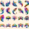 Rainbow Peacocks Watercolor Clipart Bundle - 175+ transparent PNG, Vibrant bird png, Colorful feathered art, Commercial use,Digital download