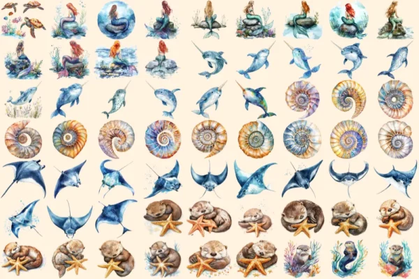 Under the Sea Watercolor Clipart Bundle - 422+ transparent PNG, Ocean life graphics, Marine creature art, Commercial use, Digital download