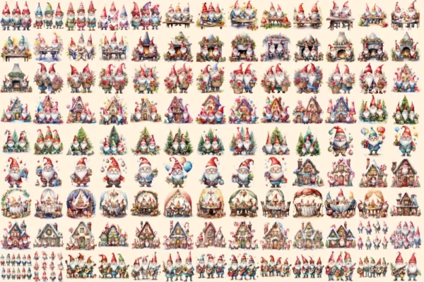 Christmas Gnomes Watercolor Clipart Bundle - 785+ transparent PNG, Festive magic graphics, Holiday gnome png,Commercial use,Digital download