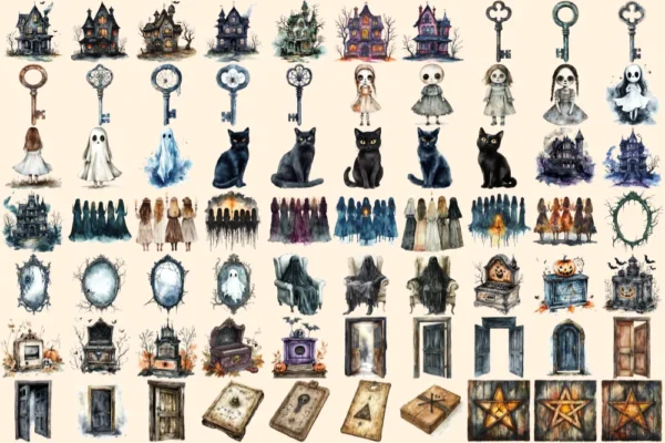 Haunted Mansion Watercolor Clipart Bundle - 475+ transparent PNG, Eerie house png, Ghostly spooky decor, Commercial use, Digital download