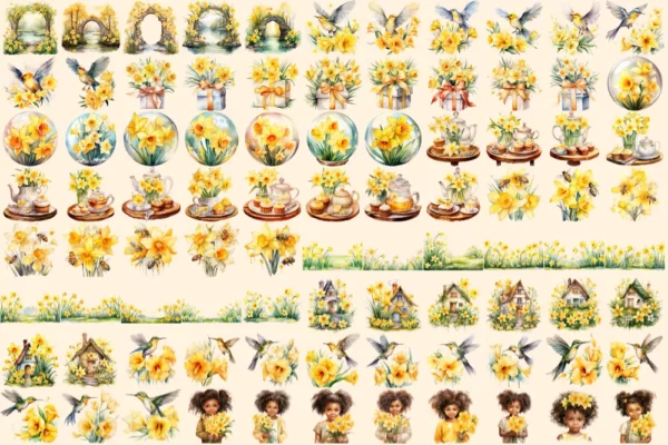 Daffodil Flowers Watercolor Clipart Bundle - 609+ transparent PNG, Blossoming floral graphics, Daffodils png,Commercial use,Digital download