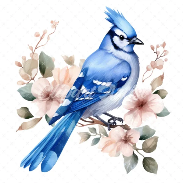 19 High-Quality Floral Blue Jay Clipart - Floral blue jay digital watercolor JPG instant download for commercial use - Digital download