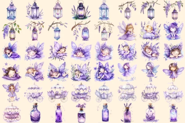 Fairy Dust Watercolor Clipart Bundle - 325+ transparent PNG, Fairytale purple graphics, Whimsical lilac art, Commercial use,Digital download