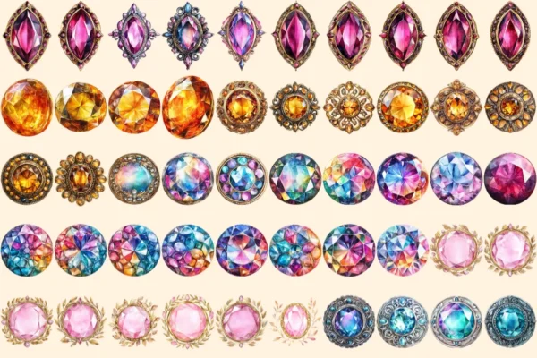 Gem Buttons Watercolor Clipart Bundle - 343+ transparent PNG, Shimmering gem button png, Decorative art, Commercial use, Digital download