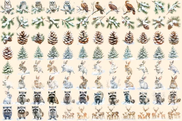 Winter Woodland Watercolor Clipart Bundle - 655+ transparent PNG, Winter animal graphics, Cute winter images,Commercial use,Digital download