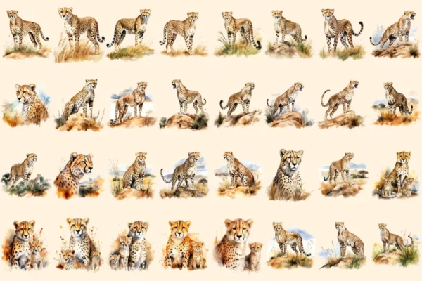 Cheetah Watercolor Clipart Bundle - 211+ transparent PNG, Safari cheetah graphics, Wild savanna images, Commercial use, Digital download
