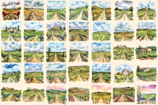 Vineyards Watercolor Clipart Bundle - 233+ transparent PNG, Rustic vineyard landscapes, Wine decor images, Commercial use, Digital download