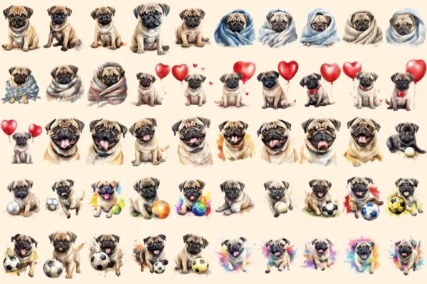 Pugs Watercolor Clipart Bundle - 345+ transparent PNG, Charming pug illustrations, Playful puppy graphics, Commercial use, Digital download