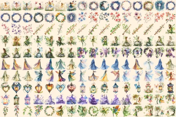 Fairies Watercolor Clipart Bundle - 1113+ transparent PNG, Whimsical fairytale graphics, Magical pixie art, Commercial use, Digital download