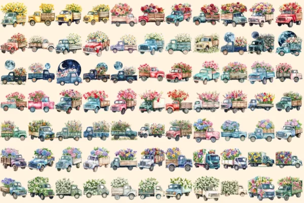 Floral Trucks Watercolor Clipart Bundle - 523+ transparent PNG, Blossom truck graphics, Floral vehicle png, Commercial use, Digital download