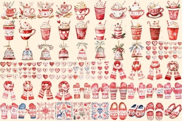 Scandinavian Christmas Watercolor Clipart Bundle - 415+ transparent PNG, Nordic festive art, holiday images, Commercial use,Digital download