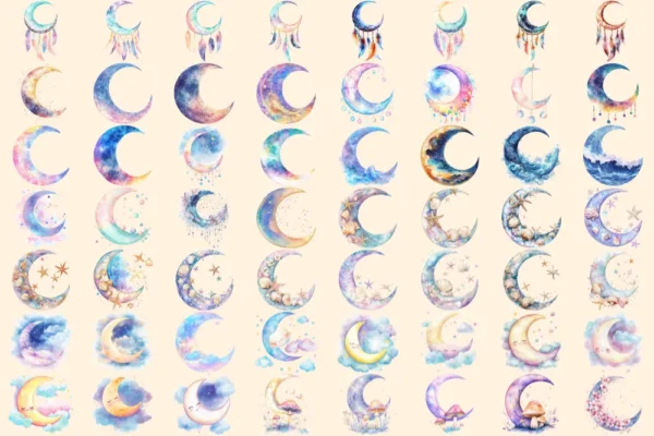 Heavenly Moons Watercolor Clipart Bundle - 389+ transparent PNG, Mystical night graphics, Ethereal moon art, Commercial use,Digital download