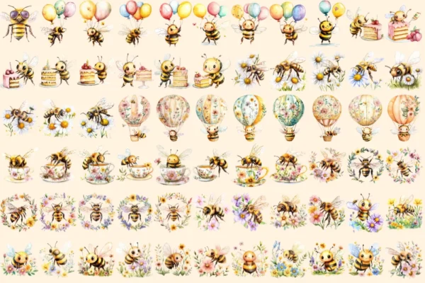 Cute Honey Bees Watercolor Clipart Bundle - 440+ transparent PNG, Sweet bee graphics, Loving insect art, Commercial use, Digital download