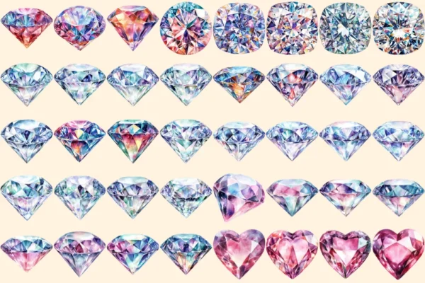 Diamonds Watercolor Clipart Bundle - 270+ transparent PNG, Elegant gem graphics, Sparkling jewel images, Commercial use, Digital download