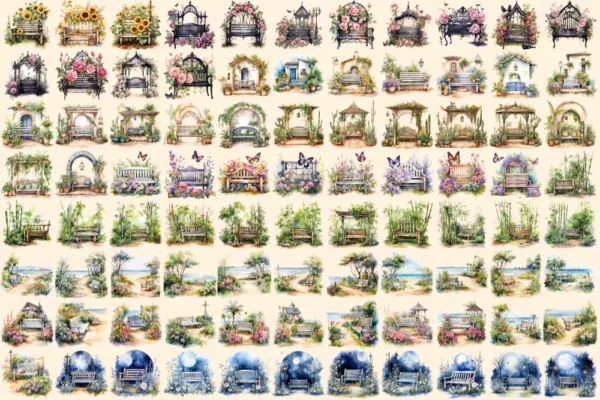 Garden Benches Watercolor Clipart Bundle - 603+ transparent PNG, lovely garden graphics, Rustic outdoor png, Commercial use,Digital download