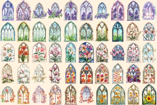 Floral Church Windows Watercolor Clipart Bundle - 340+ transparent PNG, Sacred graphics, Floral glass art, Commercial use, Digital download