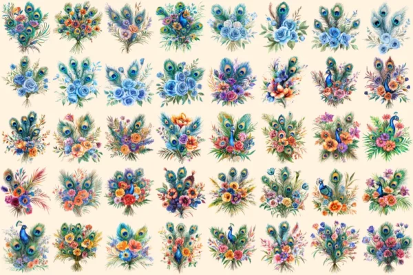 Peacock Bouquets Watercolor Clipart Bundle - 255+ transparent PNG, Elegant floral graphics, Vibrant images, Commercial use, Digital download