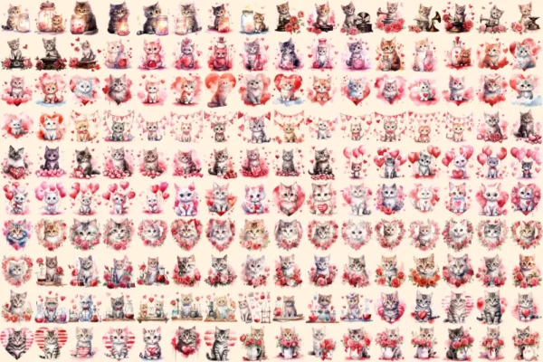 Valentine's Day Cats Watercolor Clipart Bundle - 1070+ transparent PNG, Romantic cat png,Loveable kitten art,Commercial use,Digital download