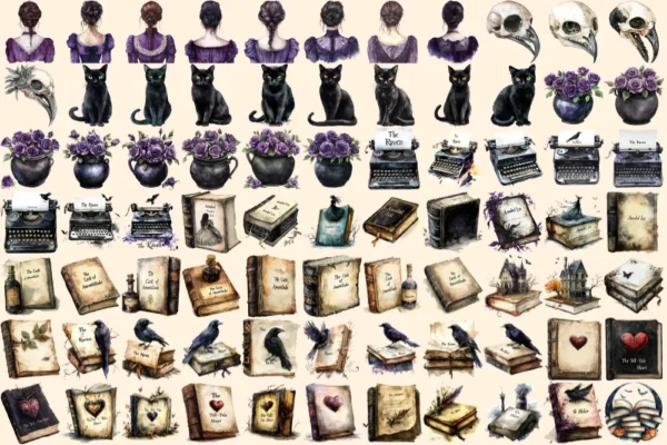 Dark Poem Watercolor Clipart Bundle - 500+ transparent PNG, Edgar allan poe graphics, Dark victorian png, Commercial use, Digital download