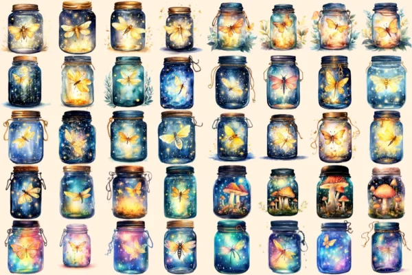 Firefly Jars Watercolor Clipart Bundle - 253+ transparent PNG, Whimsical fairytale graphics, Storybook art, Commercial use, Digital download