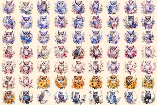 Floral Owls Watercolor Clipart Bundle - 433+ transparent PNG, Floral bird illustrations, Boho owl images, Commercial use, Digital download