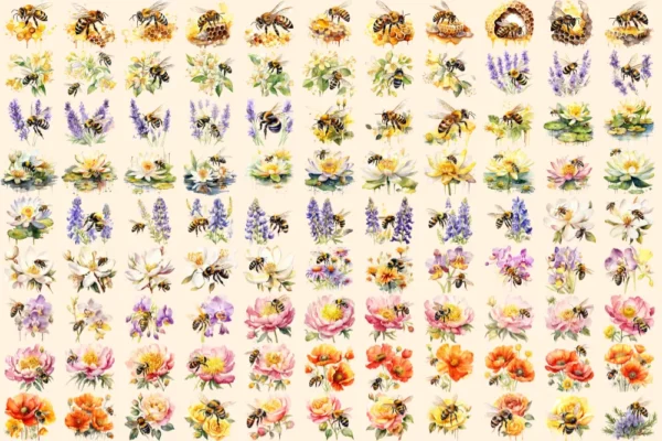 Bumblebees Watercolor Clipart Bundle - 645+ transparent PNG, Honey insect illustrations, Buzzing bee png, Commercial use, Digital download