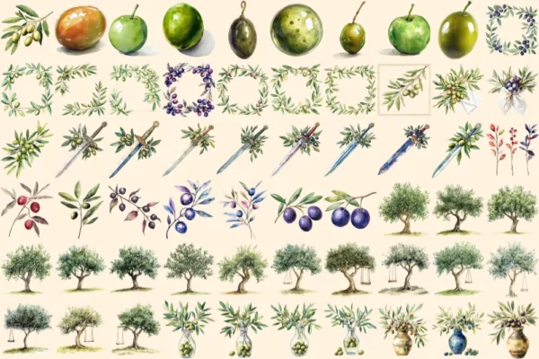 Olives Watercolor Clipart Bundle - 405+ transparent PNG, Mediterranean charm illustrations, Olive images, Commercial use, Digital download