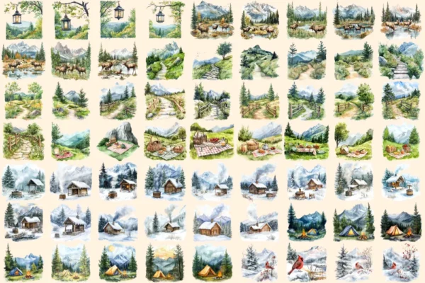 Mountain Retreats Watercolor Clipart Bundle - 415+ transparent PNG, Tranquil nature scenes, Rustic cabin png,Commercial use,Digital download