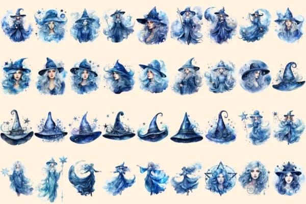 Celestial Witches Watercolor Clipart Bundle - 245+ transparent PNG, Enchanting graphics, Fantasy images, Commercial use, Digital download