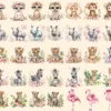 Pink Safari Watercolor Clipart Bundle - 290+ transparent PNG, Delicate nature graphics, Pink wildlife art, Commercial use, Digital download