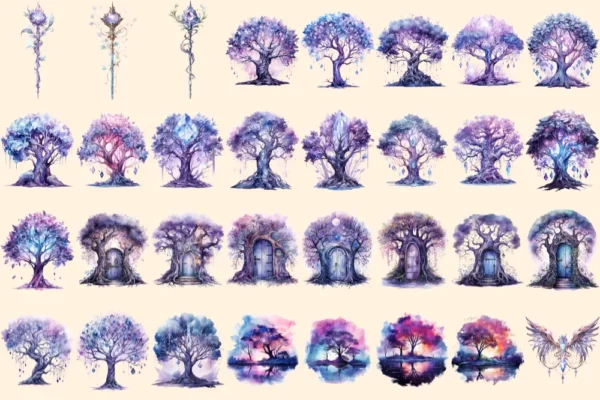Nightforest Fairies Watercolor Clipart Bundle - 197+ transparent PNG, Magical illustrations, Fantasy images, Commercial use,Digital download