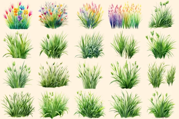 Grass Watercolor Clipart Bundle - 135+ transparent PNG, Botanical grass illustrations, Spring greenery art, Commercial use, Digital download