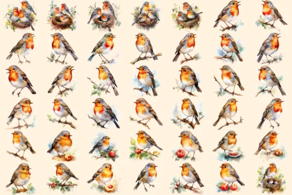 Robins Watercolor Clipart Bundle - 280+ transparent PNG, Delightful bird graphics, Adorable robin images, Commercial use, Digital download