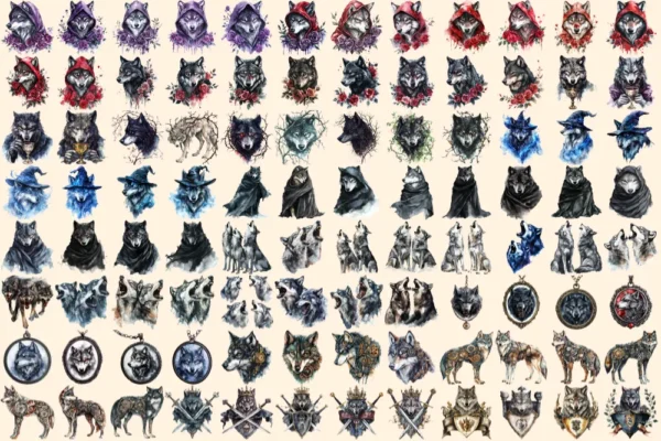 Gothic Wolves Watercolor Clipart Bundle - 630+ transparent PNG, Enigmatic lycan graphics, Shadowy wolf art, Commercial use, Digital download
