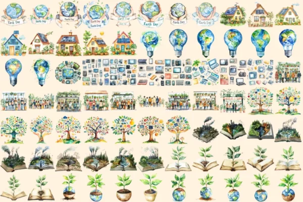 Earth Day Watercolor Clipart Bundle - 503+ transparent PNG, Eco-Friendly graphics, Planet care png images, Commercial use, Digital download