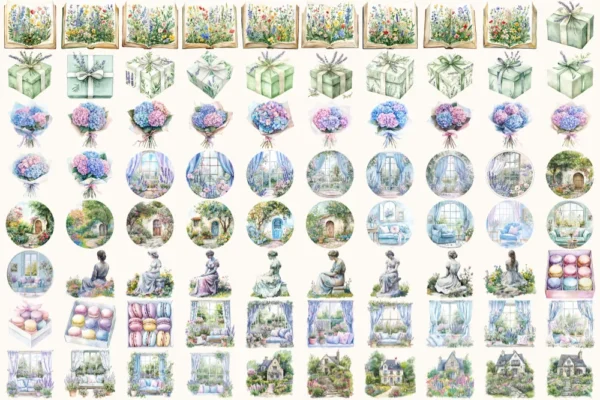 Monet's Garden Watercolor Clipart Set - 550+ transparent PNG, Spring garden graphics, Romantic florals art, Commercial use, Digital download